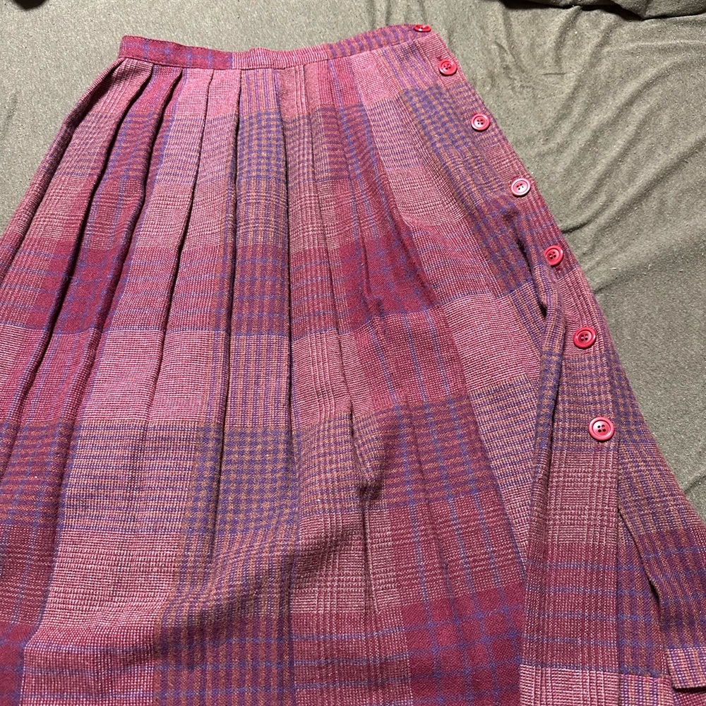 Pleated Pink Plaid Button-Front Midi Skirt